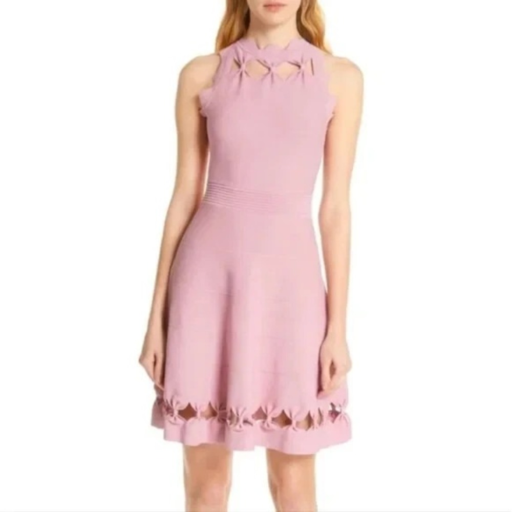 Ted Baker Cherina Skater‎ Dress Women's Size 2 Pink Cutout Bow Knit Fit & Flare